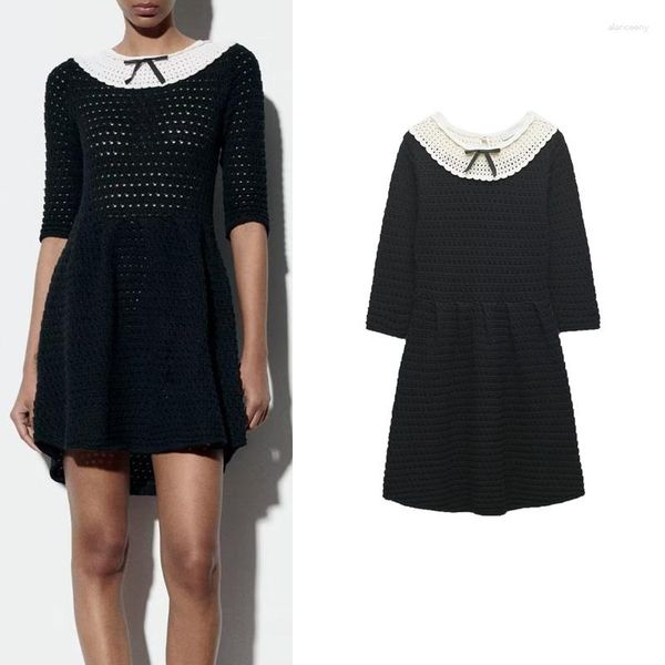 Lässige Kleider Frühlings- und Sommer Französische Kontrastfarbe Lapps Häkelte schwarzes Kleid