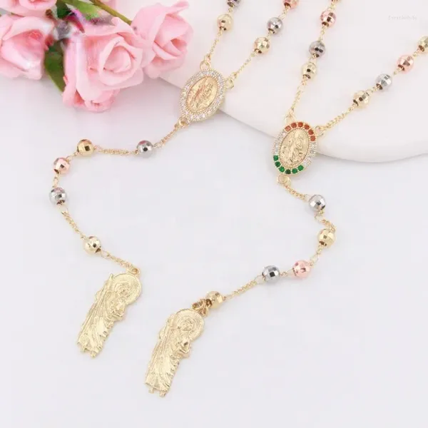 Anhänger Halsketten Glückliche Mode verkaufen Rosenkranzschmuck Religiöse 6mm 18K Gold plattiert San Judas Tadeo Cross Paar Halskette Geschenke Party