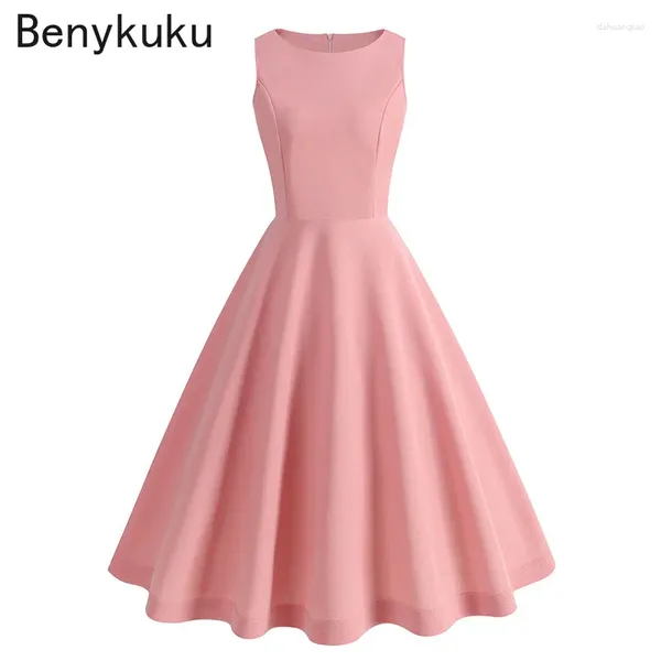 Lässige Kleider 2024 rosa Sommerkleid Frauen runder Nacken 1950er Jahre Vintage Robe Elegante Party Retro Pin up Büro eine Linie