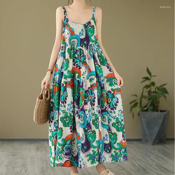 Lässige Kleider Sommer floral bedrucktes Vintage Rückenless Spaghetti -Gurtkleid Frauen Baumwollwäsche Langes Kamisole dünner Retro locker