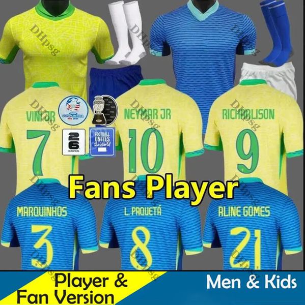 Brasilien Fußballtrikot 2024 Copa America Cup Neymar Vini Jr. Kinder Kit Sets 2025 Brasil National Fußball -Fußball -Shirt 24/25 Home Away Player Version Rodrygo Martinelli SS