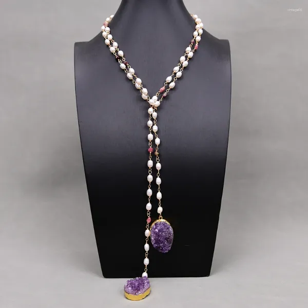 Colares pendentes G-G-G 51 '' Cultivada Arroz Branco Pérola Pérola Turmalina Chain Chain Colar Gold Edge Bated Amethyst Quartz Rough Lady Gifts