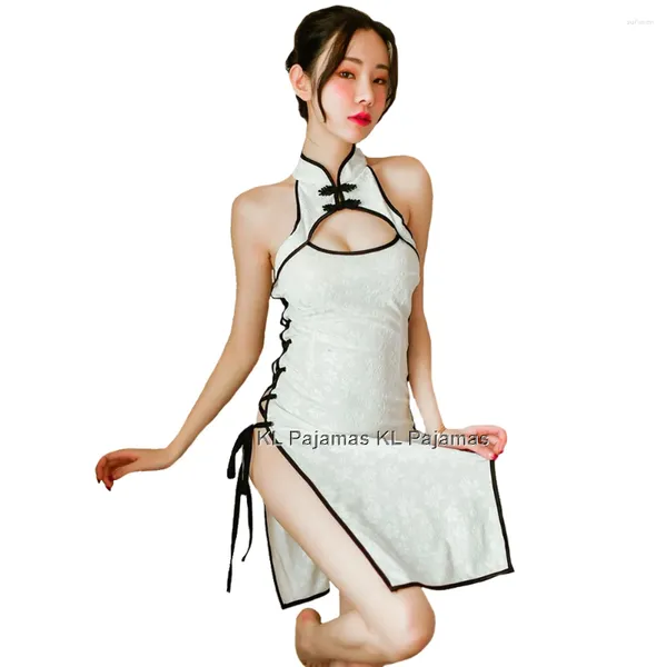 Ethnische Kleidung weiß chinesische traditionelle Kleidung Frauen sexy erotische Qipao Dessous Verband Versuchung Retro China Stil Seitenschlitz Hollow