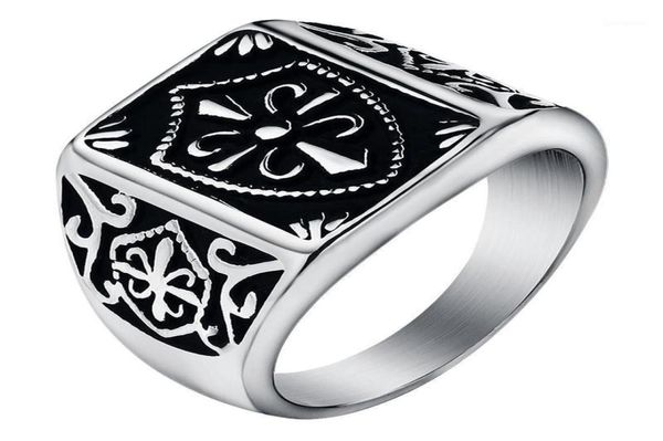 Модный золотой цвет Fleur de Lis Shield Ring Men's Silver-Color Crest Signet Кольцо из нержавеющей стали Biker Size Размер 7-1412350818