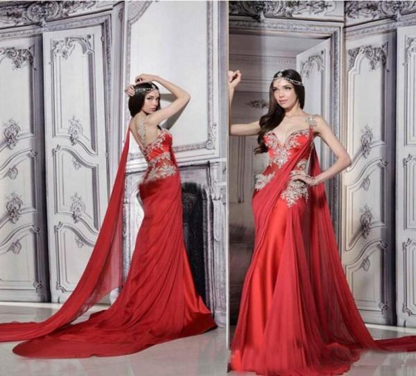 Красные великолепные вечерние платья русалки Индийский стиль аппликация шифоновой свадебной наряд Sweep Long Prom Howns3291847