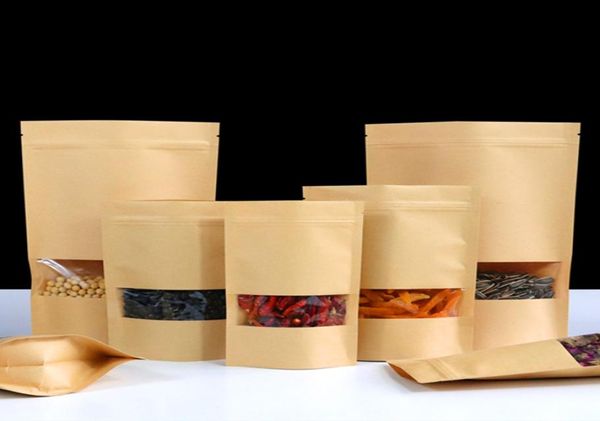 100 шт. Встаньте Kraft Paper Clear Window Windo Lock упаковочный пакет мешок для закуски с закусками соли для конфет Печенье кофейные зерна порошок тепло Sea3760980
