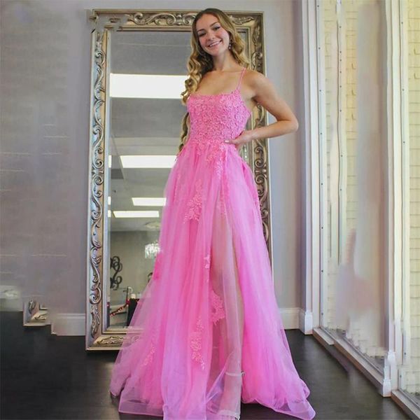 Vestidos de festa espaguete com cinta rosa vestido de baile formal longa colher de renda para casamento alto ocasião especial dividida com apliques