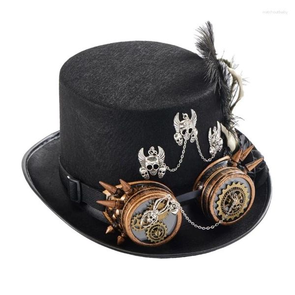 Berets Steampunk Flat Top Hut Halloween Kostüm Schwarze Karnevale mit Schutzbrillen und Handskelett für Frauen Dress Up