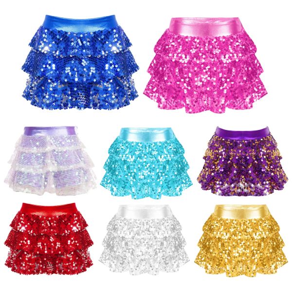 Garotas garotas brilhantes lantejoulas de short de shorts metálicos em camadas de pilhagem para roupas de baile de salão de baile de dança de jazz latino