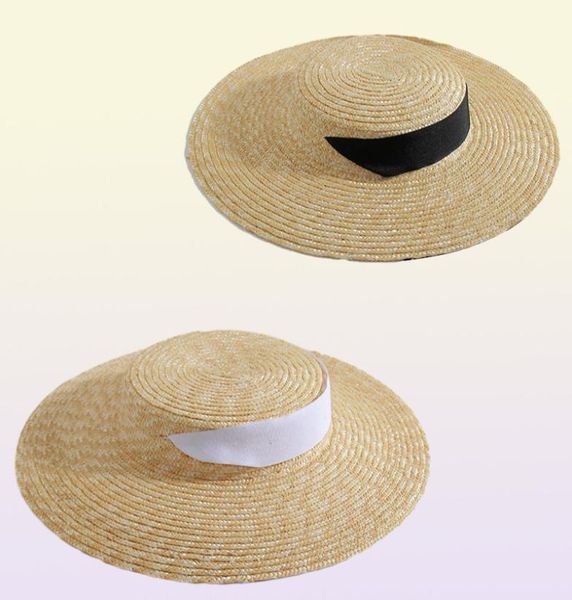 Francês Vintage Hépburn Straw Hat Summer Vacation Beach Caps Long Ribbon elegante Capinho plano Bandagem larga Brim Brim Hats7844964