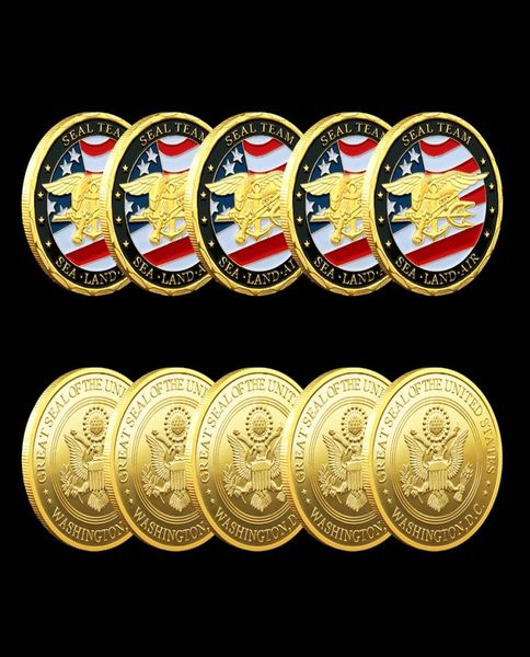 5pcs Arts and Crafts US Army Gold Plated Souvenir Coin USA Land Land Land Of Seal Team Challenge Münzen Abteilung Marine BADG2285885