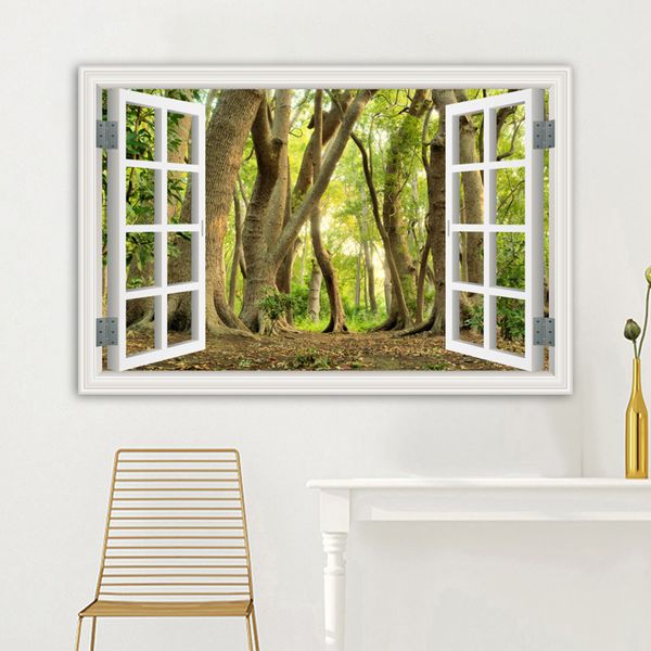 Paisagem Efeito da janela 3D Pintura de lona pintura de praia posters de paisagem de praia Árvore impressões florestas Arte da parede Decoração de casa sem moldura
