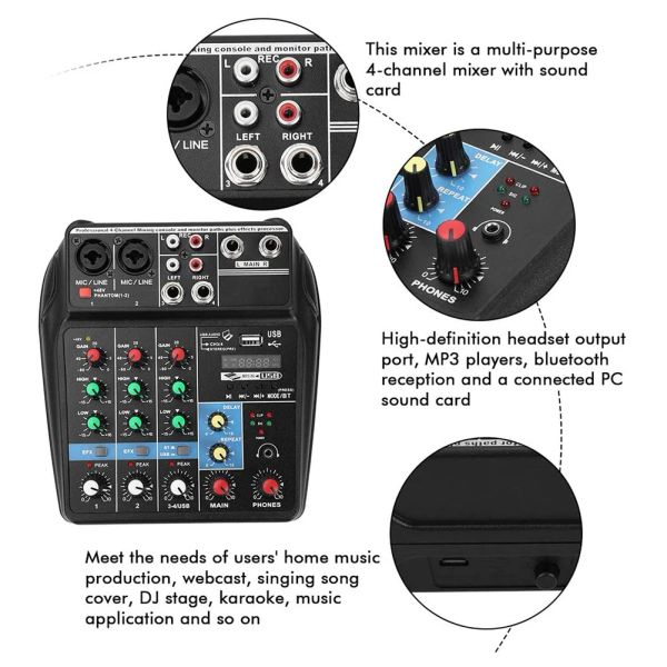 Mixer teyun a4 console di miscelazione audio bluetooth uSB record computer 48v Phantom Power Delay Effect 4 canali canali Audio USB Mixer