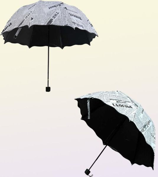 Impressão de jornais três guarda -chuvas dobráveis Mulher Lady Princess Dome Parasol Sun Rain Umbrella Flouncing Folhas de lótus H10159895124