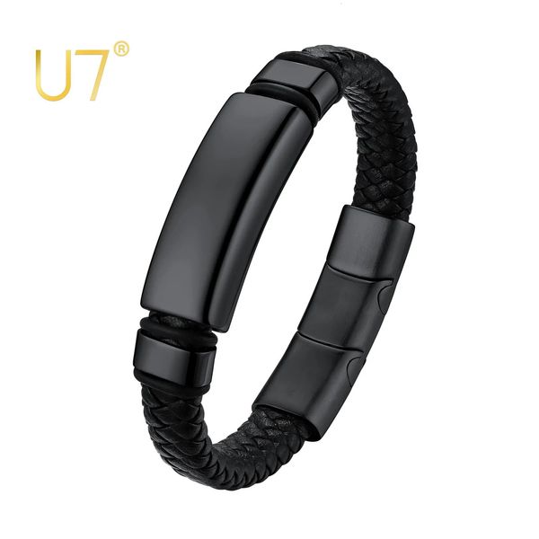 U7 Кожаный шнур браслет для мужчин черный плетенный восковая обертка с магнитной застежкой из нержавеющей стали жены 240409