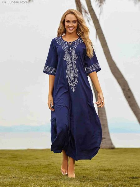 Basic Casual Kleider 2024 Sommer Kausaler Sticken sexy gegen Nacken Kaftan Kleider Tunika Plus Size Badeanzug Frauen Kleidung Beach MOO Kleider Q775 T240412