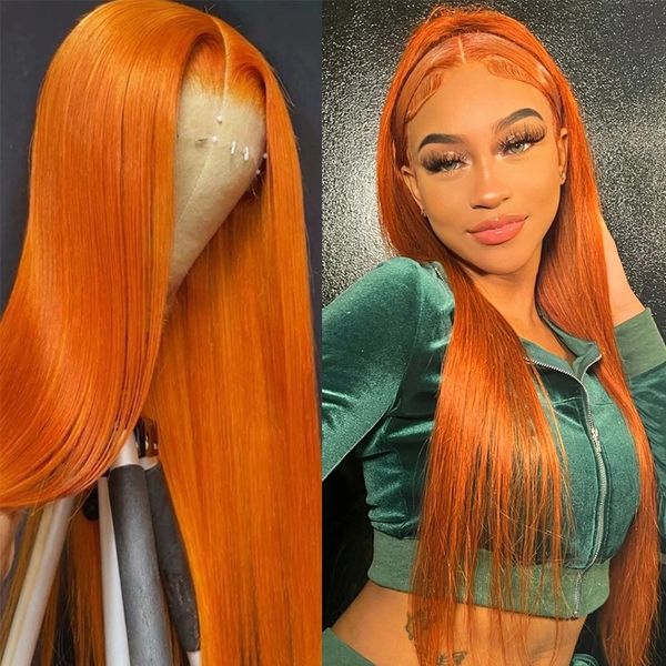 Orangefarbener Ingwerknochen gerade Spitze Frontalperücke 13x4 Spitzenfront menschliches Haar Perücken 13x6 Transparent HD vorgezogene Spitzenperücken für Frauen