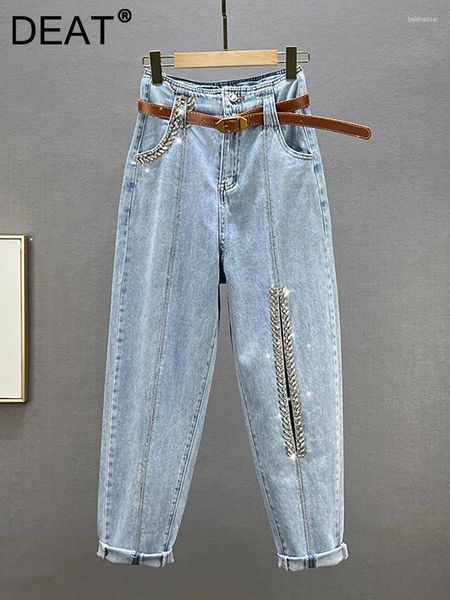 Jeans femininos Cantura alta Diamante Burrs soltas Burrs azuis Legas largas jeans de harém