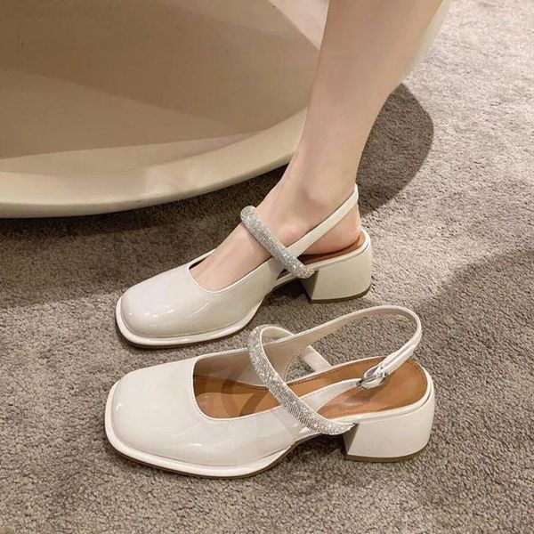 Sandalen Frauen Französisch Retro Design Mary Jane Single Schuhe Ladies Fashion Square Head Beige Strass Party Pumps 2024