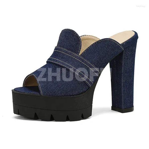 Slippers estilo de verão feminino azul jean peep dedo Único plataforma de plataforma ultra alta moda de salto alto sapatos femininos versáteis