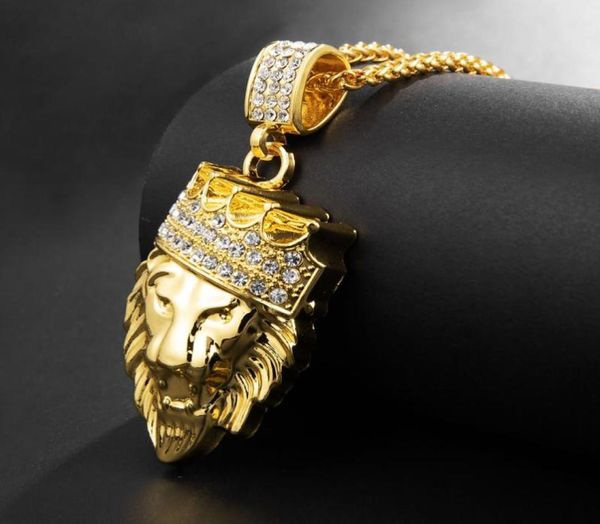 Mens Hip Hop Gold Chain Chain Lion Head King Crown Colar Jóias de moda de moda2851873