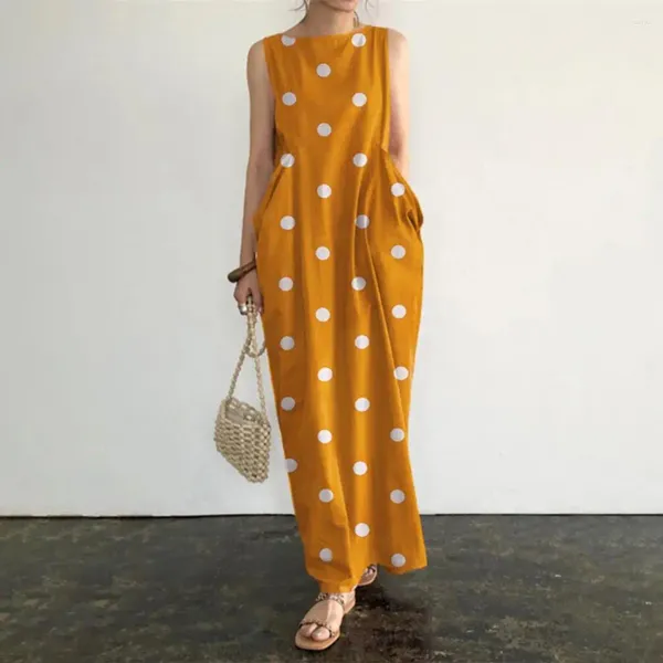 Lässige Kleider Punkt Druck langer Kleid Retro -Stil Sommer Maxi mit O Hals große Taschen für Frauen plus Größe weicher Knöchel