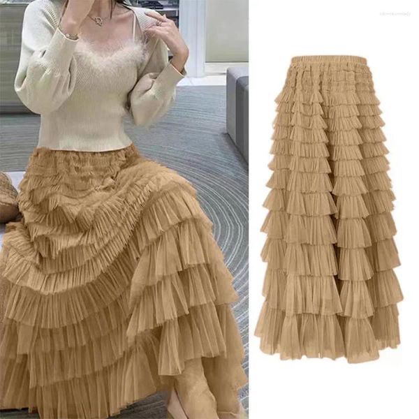 Röcke Herbst im Herbst Winter Tutu Kuchen Frauen elegant kaskadierende Rüschen Lange weibliche elastische Taille Party Spitzenrock Tulle