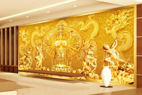Gold Buddha Po Papel de parede Pap personalizado Murais de parede 3D Avalokitesvara papel de parede quarto sala de estar da sala de arte decoração decoração de casa7178874