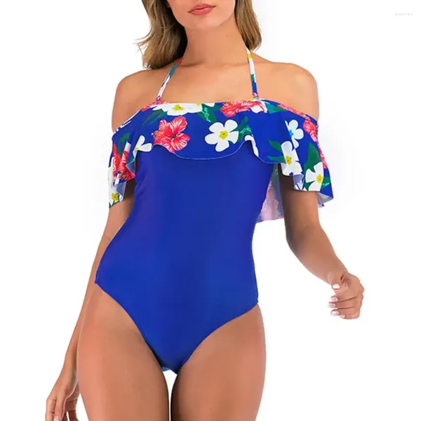 Menas de banho feminina de roupas de praia estampa floral fora de maiô Monokini com acabamento para figura em forma de S