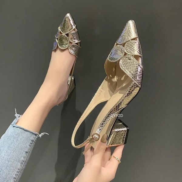 Женщины моды кожа 3 см высокие каблуки Lady Pointe Toe Gold Heels Sandal