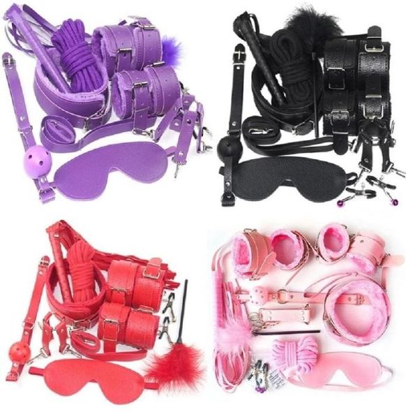 Massagem 10 pcSset Exotic Sexy Products for Adults Games Condation Bondage BDSM Kits Handcuffs Sexy Toys Whip Gag Mulheres Sexy Accesso7196499