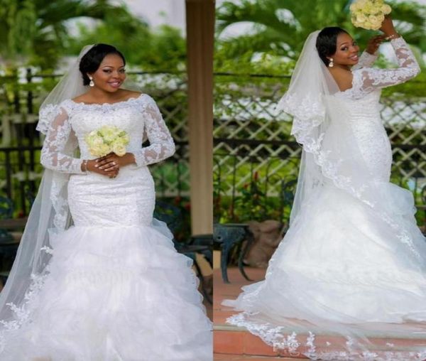 Abito da sposa a sirena in pizzo più dimensioni con appliques in pizzo in rilievo a maniche lunghe a maniche lunghe e bagliori da sposa abito da sposa da sposa 6.