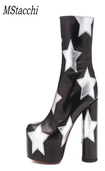 Mstacchi platform ayak bileği botları kadınlar için lüks baskı yıldız gerçekten deri yüksek topuklu ayakkabılar kadın yuvarlak topuklular botines mujer 2011056682238