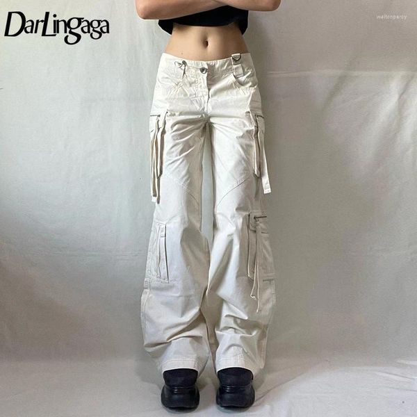 Kadınlar kot y2k şık sokak kıyafeti beyaz kargo pantolon kadın dikişli cepler toka moda düşük bel denim pantolon düz