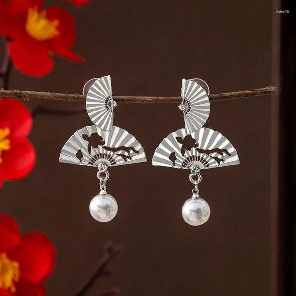 Dangle Ohrringe süße fanförmige ethnische Stil Mode elegante Perlen Anhänger Ohrring Chinesische Vintage Ohrstift Frauen