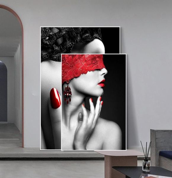 Modern Fashion Sexy Red Lips Lips Pintura de mulheres pôsteres e impressões da sala de estar de sala de estar de parede de parede imagens em casa decoramento9946257