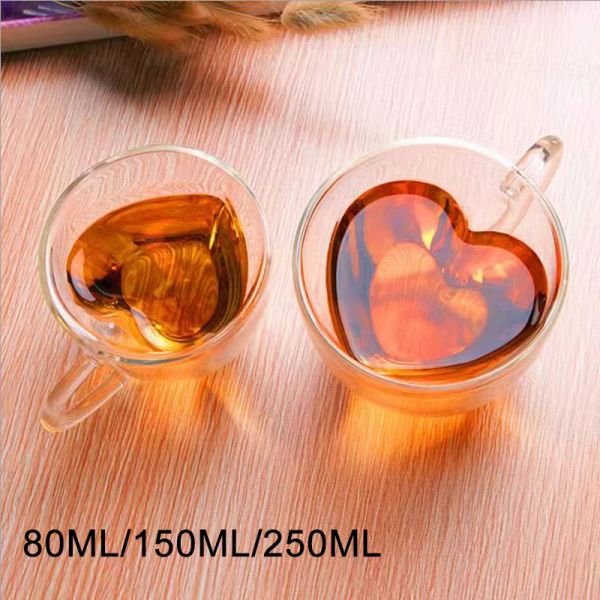 Kalp aşk şeklindeki cam kupa çift fincan çift duvar ısıya dayanıklı şarap bardakları çay bardaklar süt espresso kahve kupa içecek eşyası