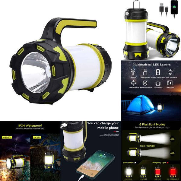 Nova lâmpada de acampamento LED tenda USB Recarregável lanterna de lanterna diminuída Funcionamento do holofote leve Lanterna de emergência à prova d'água leve
