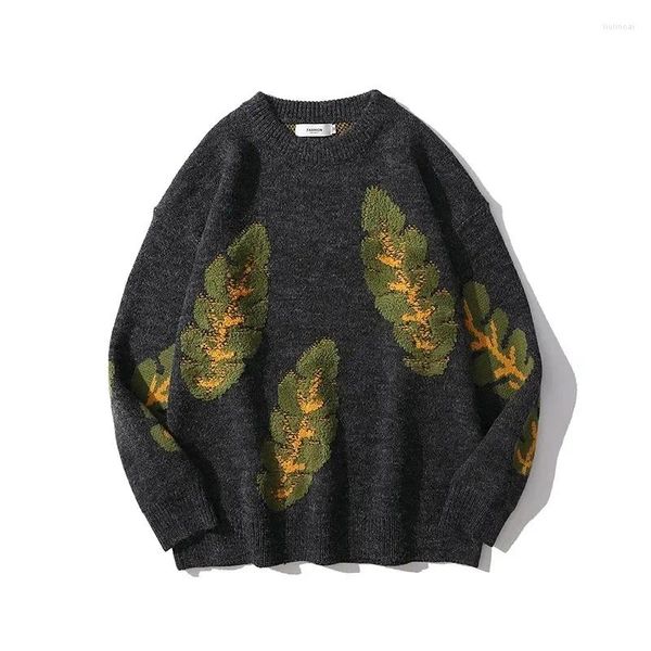 Camisolas masculinos 2024 Autumn harajuku suéter retrô folhas jacquard trendy loul redond round casual pullover quente jumper de moda masculina