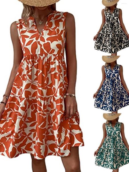 Lässige Kleider Amazon Independent Station Frauenkleidung Modestil Bohemian Loose V Hals Plisöses Druck trendy Kleid