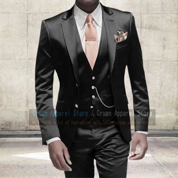 Ternos pretos brilhantes de luxo para homens Slim Fit Party Prom Party Wedding Groomsmen Groom Terne Tuxedo 3pcs Fashion Gold Blazer Colet Set 240412