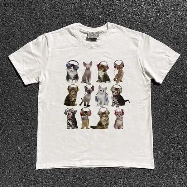 T-shirt femminile Il nuovo gatto indossa auricolari per festeggiare da uomo hip-hop e t-shirt a maniche corte in cotone con spedizione gratuita. L2403