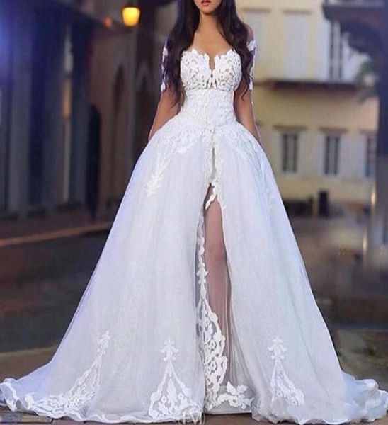 Элегантное свадебное платье с плечами с перегородкой с длинным рукавом кружев