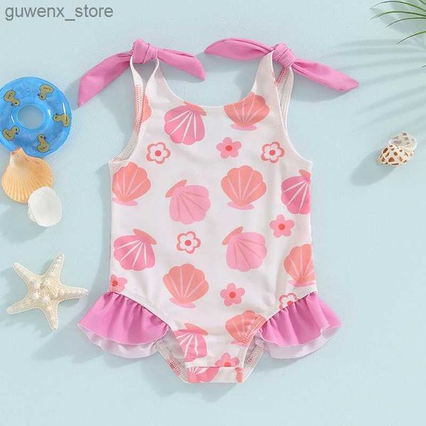 One-Pieces 6m-4t Infant Girls Badeanzug ärmellose Blütenschale Blume bedruckte Randkante Badeanzug Sommer Mode Strand y240412