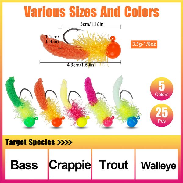 25pcs balıkçı jig kafaları Yumuşak cazibesi ile kabuklu yemler Marabou tüy balıkçılık crappie bas balıkçılık için cazibe yem jig kafası