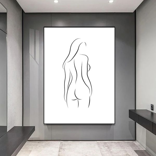 Donna sexy sexy in bianco e nero retrò Canvas Poster Linea Figura Nude Girls Stampa Piccting Immagine di pittura per il soggiorno Decorazioni per la camera da letto