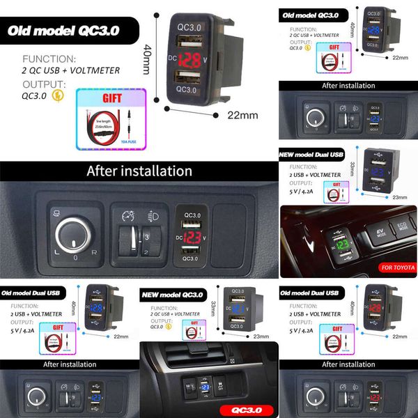 Yeni 2024 2024 Diğer Oto Electronics QC3.0 Araç Şarj Cihazı Hızlı Şarj 12V 24V Adaptör Çift USB Corolla Hilux Socket Toyota için Akıllı Telefon Voltmetre Telli