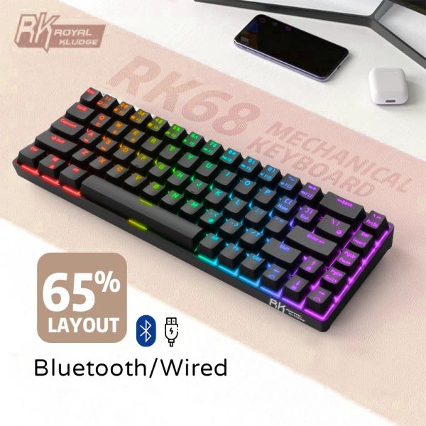 Klavyeler RK68 (RK855)/RK61 Pro% 65% Bluetooth RGB Sıcak Değiştirilebilir Mekanik Oyun Klavyesi Kompakt 68 Anahtarlar Kablosuz Gamer Klavye