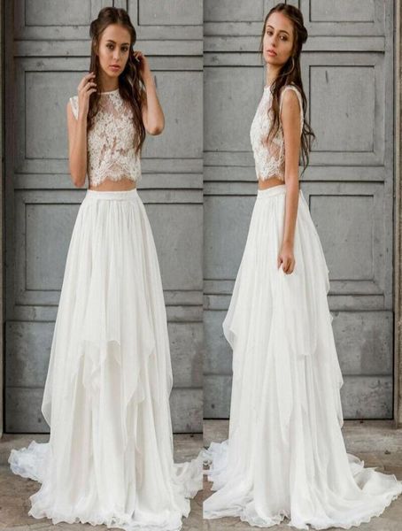 Abito da sposa sexy a due pezzi Boho 2021 Crop Top Chiffon Summer Beach Garden Abites Lunghezza Bohémien Country Bridal Gow8837194