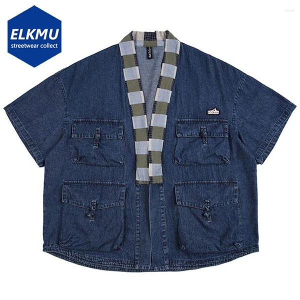 Erkekler sıradan gömlek Japon harajuku denim çoklu cep kargo üstleri erkekler yaz gevşek mavi kot pantolon düğmesi